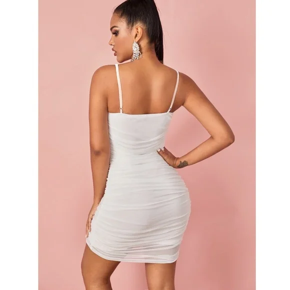 White Mesh Ruched Cami Mini Dress - Picture 2 of 6